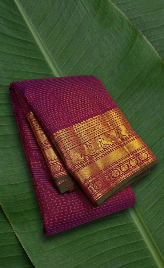 Royal Purple and Antique Gold Handwoven Pure Silk Kanjeevaram Saree with Zari Kattam and Mayil Chakram Border
