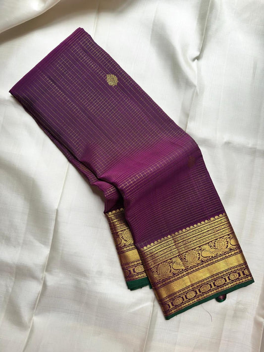 Royal Purple Handwoven Pure Silk Kanchipuram Saree with Zari Kattam and Mayil Butta Rudhraksham Border