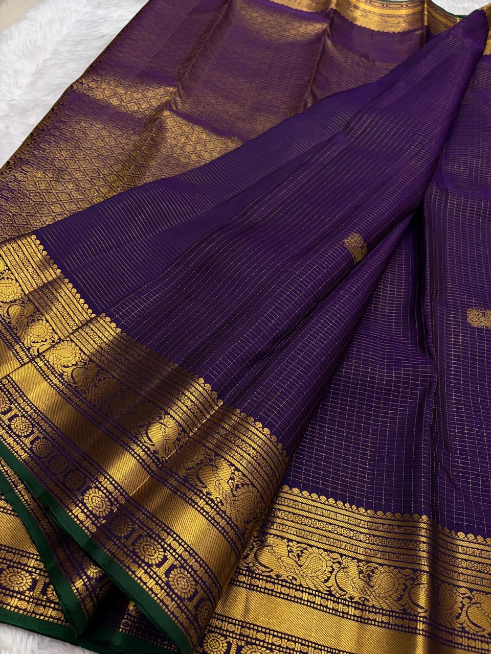 Royal Purple Handwoven Pure Silk Kanchipuram Saree with Zari Kattam and Mayil Butta Rudhraksham Border