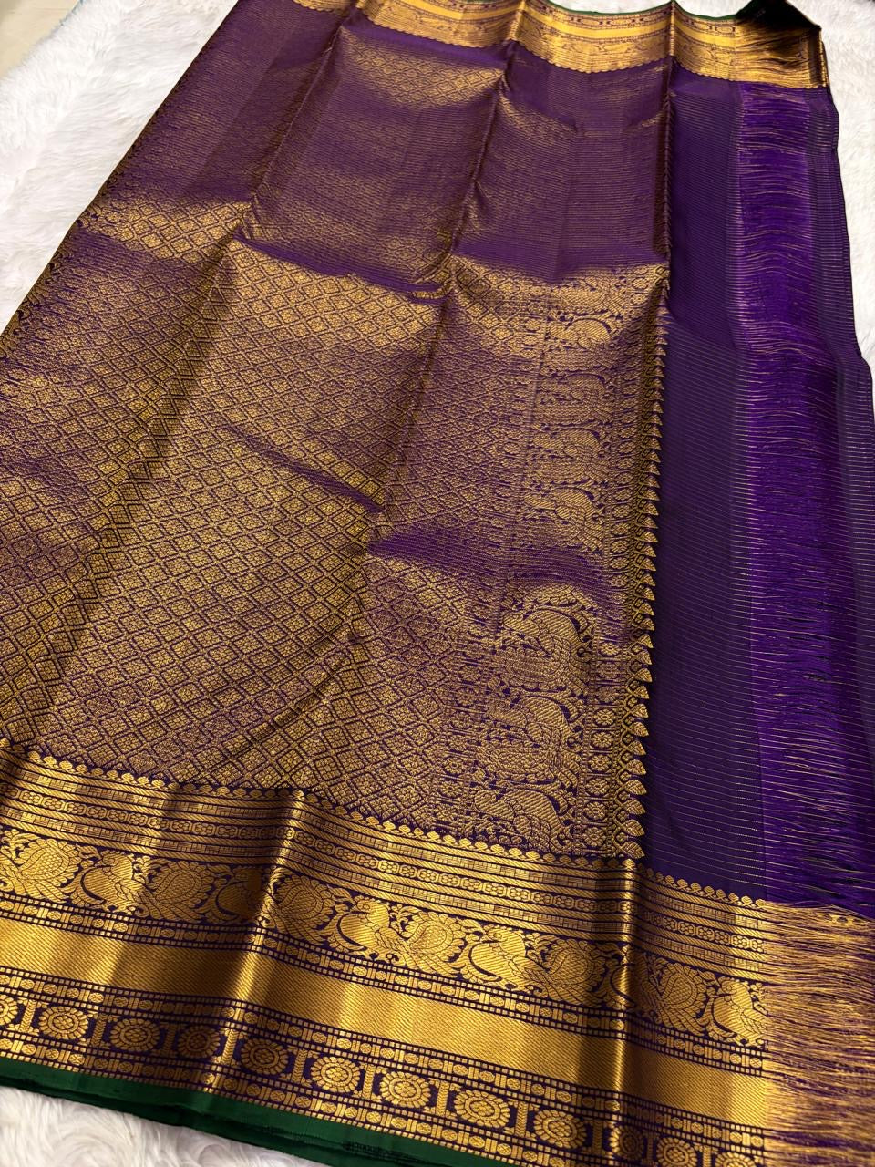 Royal Purple Handwoven Pure Silk Kanchipuram Saree with Zari Kattam and Mayil Butta Rudhraksham Border