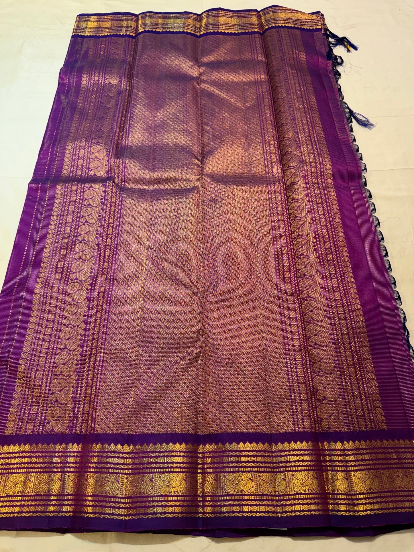 Royal Purple Handwoven Pure Silk Kanchipuram Saree with Vairaoosi Zari Lines