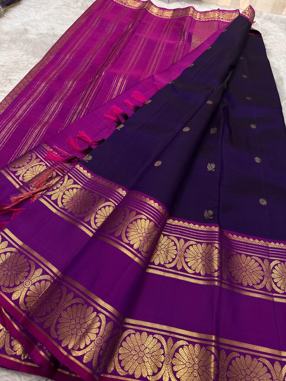 Magenta Kamalam lotus border on royal purple Kanjivaram silk saree