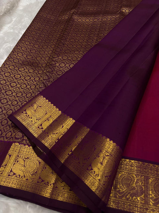 Kanchipattu silk saree in fuchsia pink with royal purple border Korvai Maanga Butta weave traditional zari detail