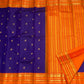 Handwoven purple Kanchipuram silk saree with orange Korvai border and antique gold zari