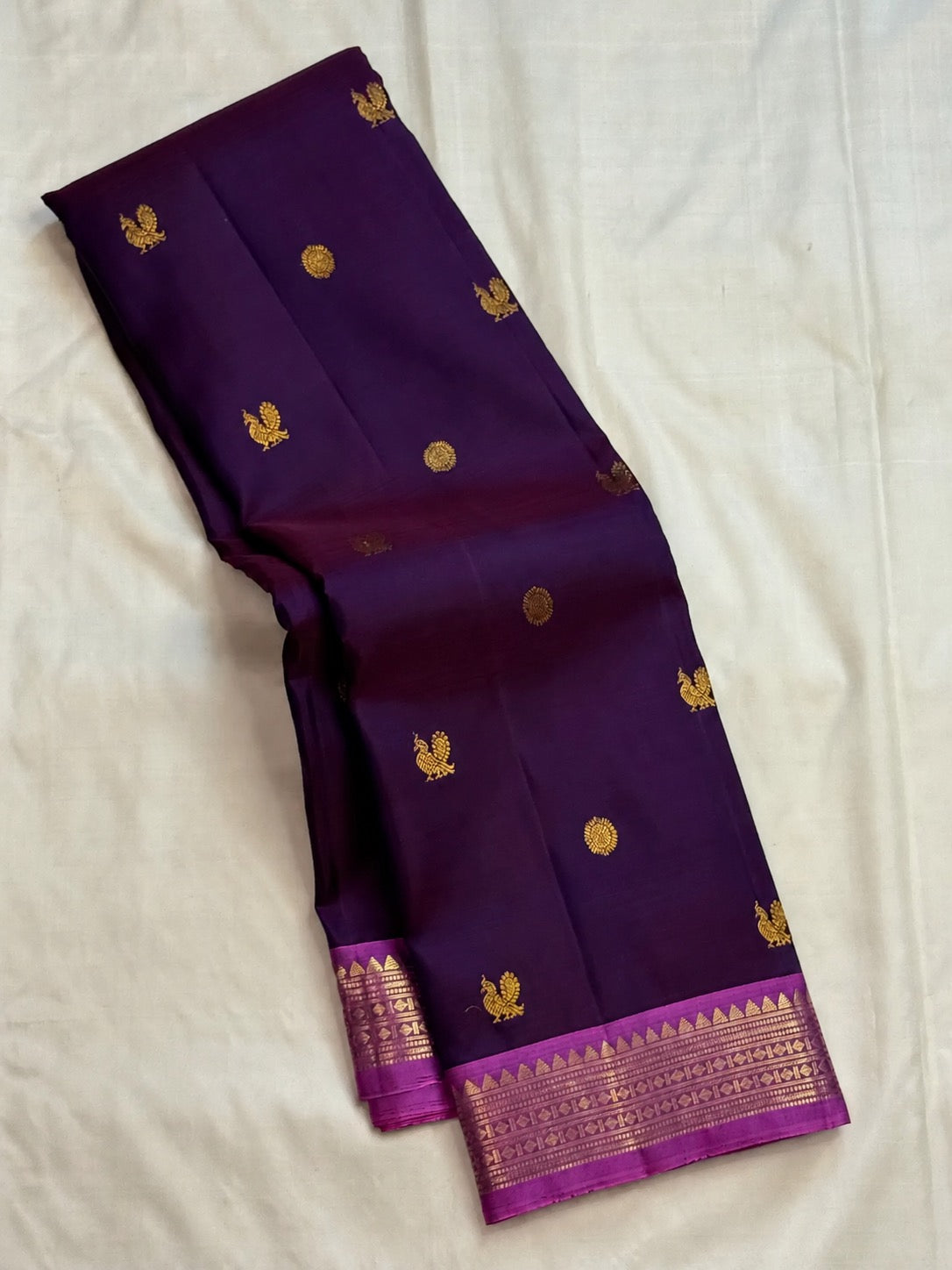 Royal purple and orchid pink Kanjeevaram butta pure silk saree with Rudraksham border