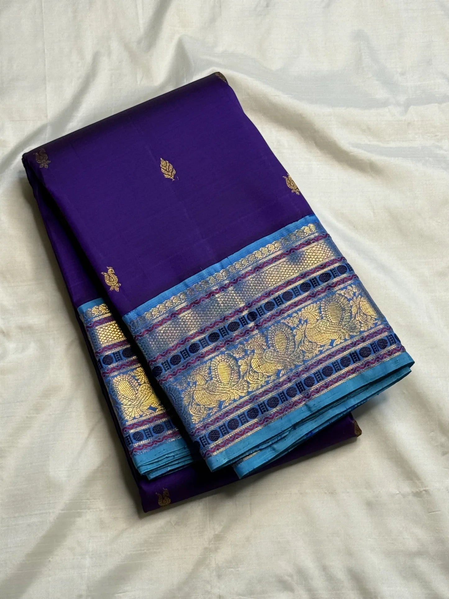 Royal purple pure silk Kancheepuram Korvai saree, front drape view