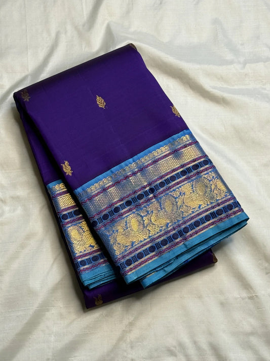 Royal purple pure silk Kancheepuram Korvai saree, front drape view