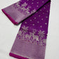 Royal Purple handloom Pattu Silk Chanderi saree with silver floral buttas and woven deer forest border