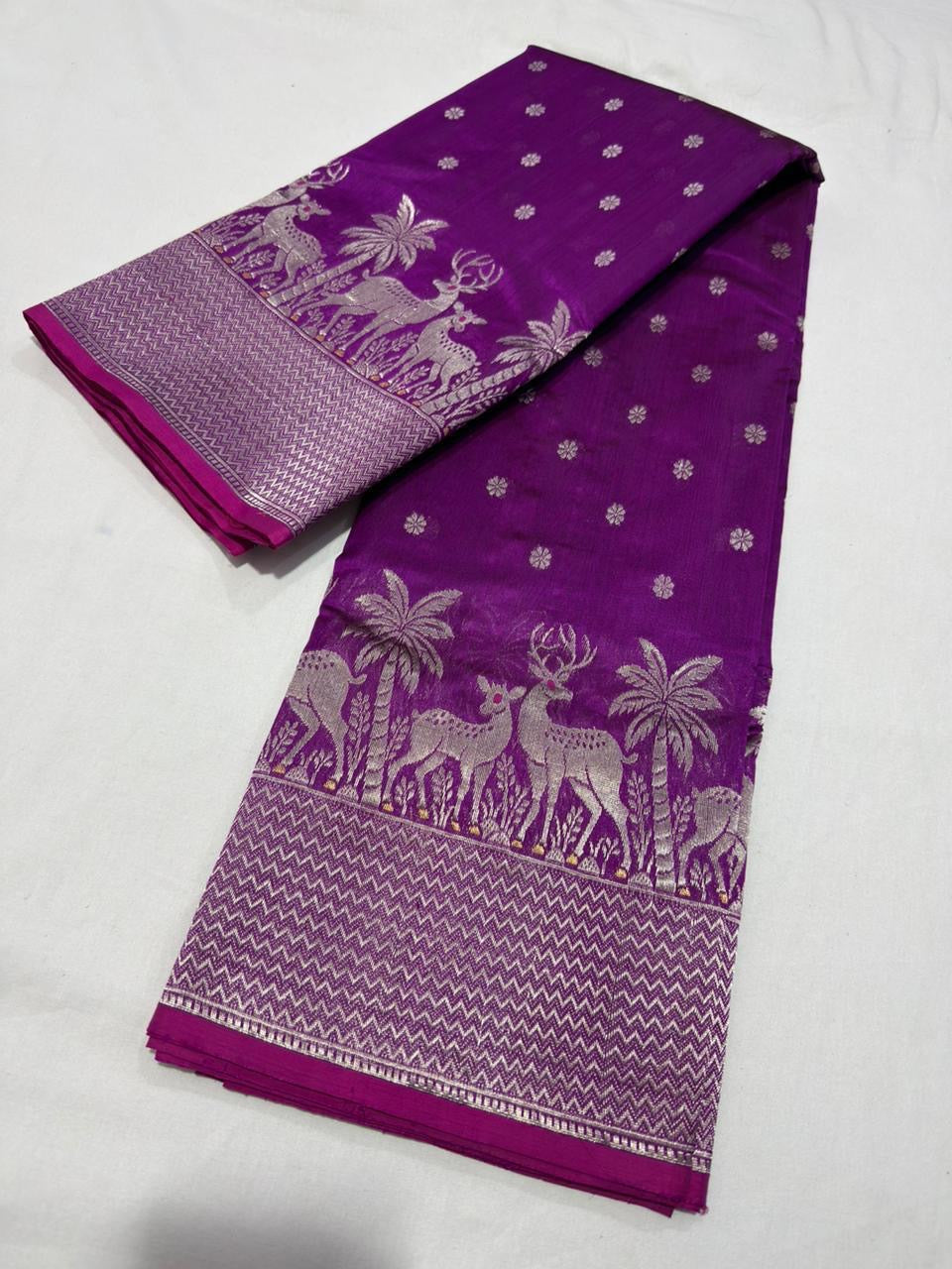 Royal Purple handloom Pattu Silk Chanderi saree with silver floral buttas and woven deer forest border