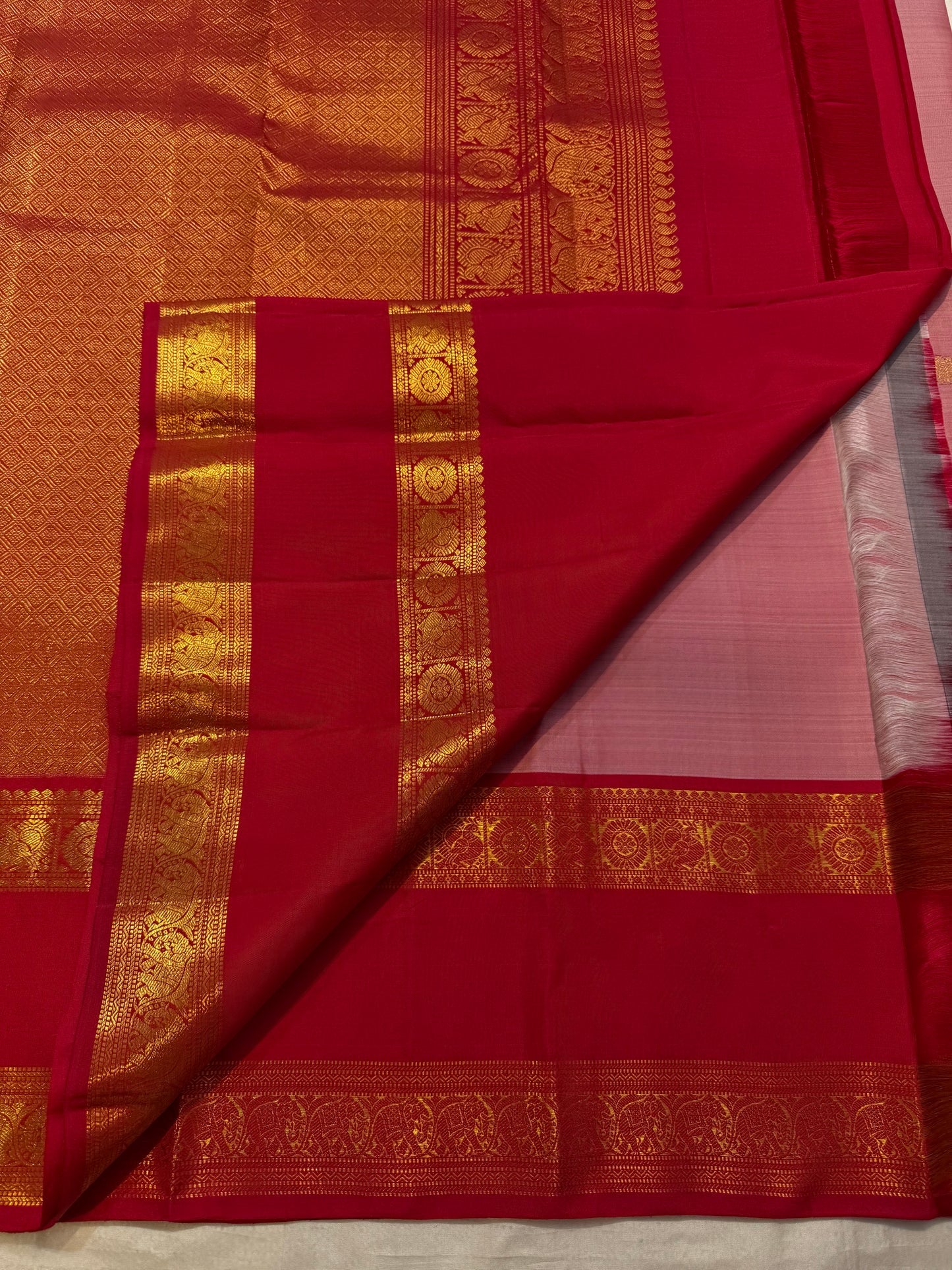 Vintage Rose and Ruby Red Handwoven Pure Silk Kanchipuram Saree with Rettapet Border