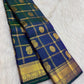 Royal teal blue handwoven pure silk Kanjeevaram Zari Kattam saree with Mayil Chakram zari motifs, full view