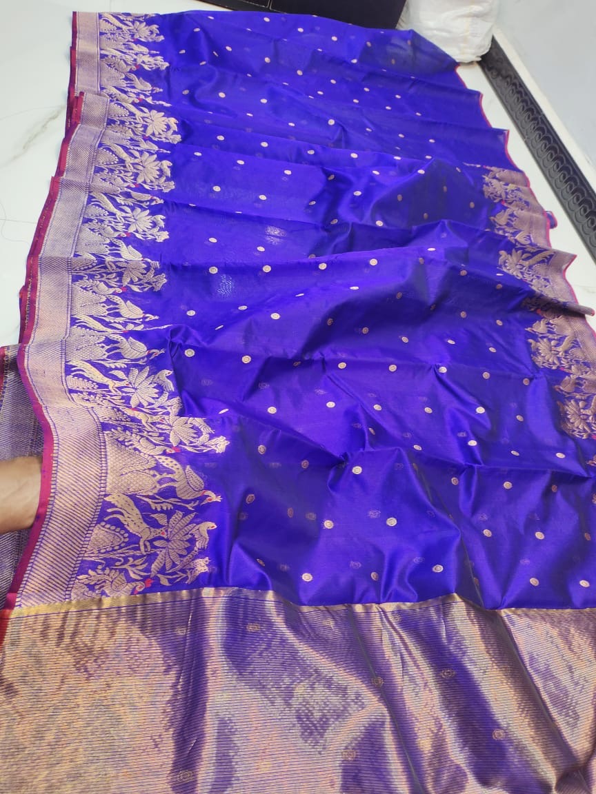 Royal violet-blue Pattu Silk Chanderi saree by Idam Living