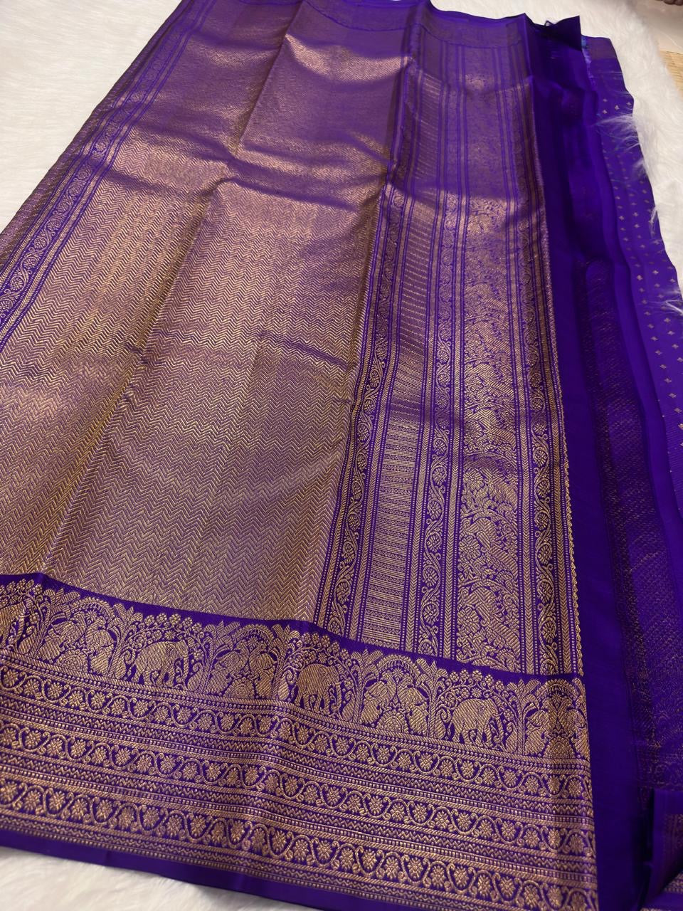 Royal Violet Kanjivaram silk saree, body weave texture close-up — Idam Living
