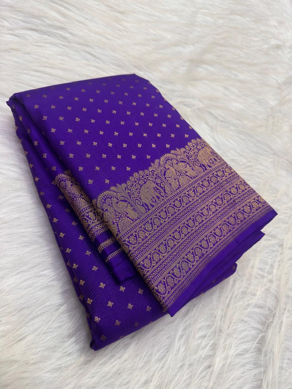 Royal Violet Kanjivaram silk saree — full front view, butta weave — Idam Living