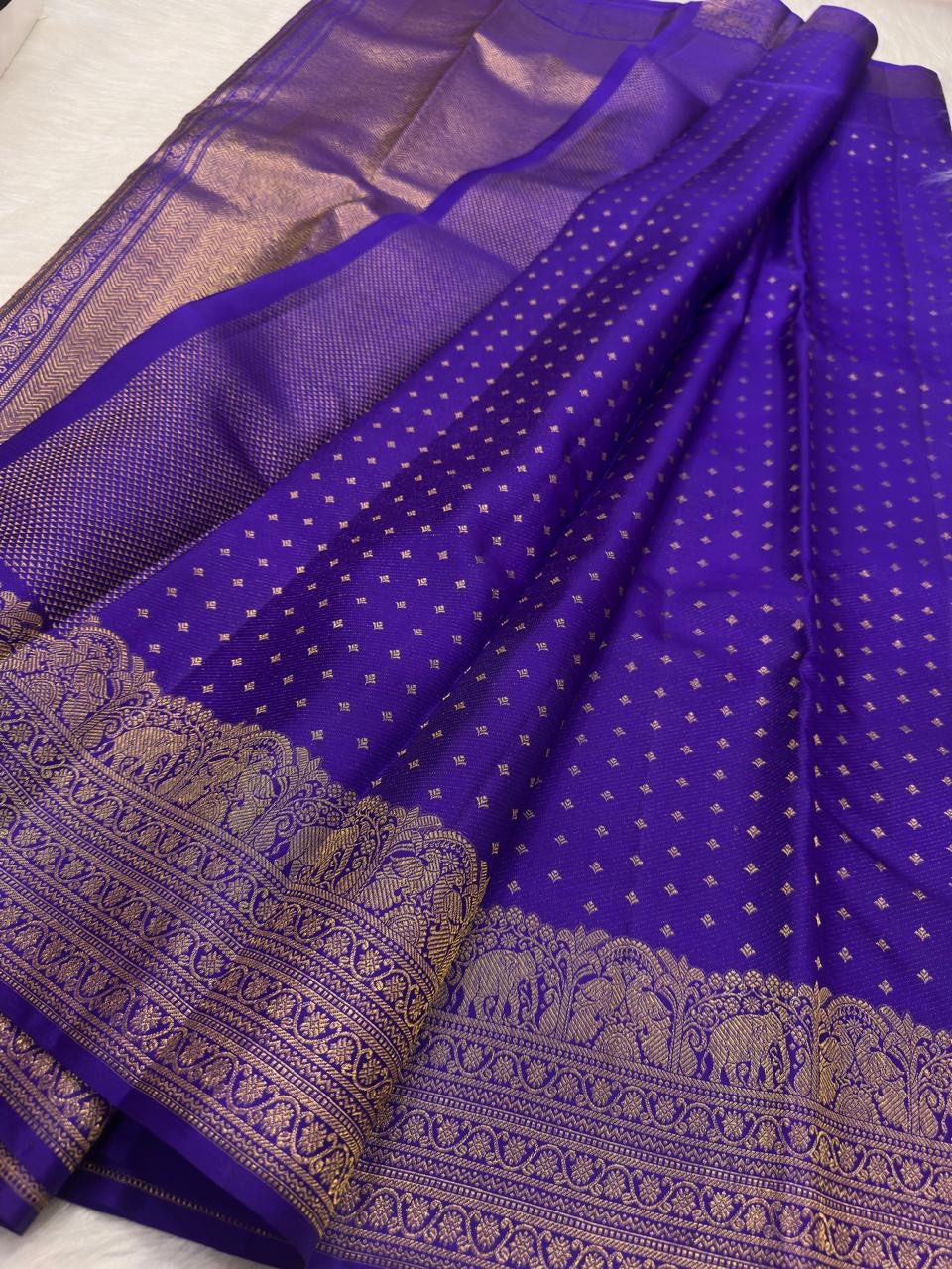 Royal Violet Kanjivaram silk saree draped, full length view — Idam Living