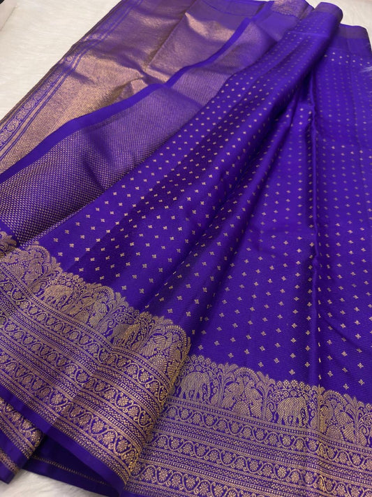 Royal Violet Kanjivaram silk saree draped, full length view — Idam Living