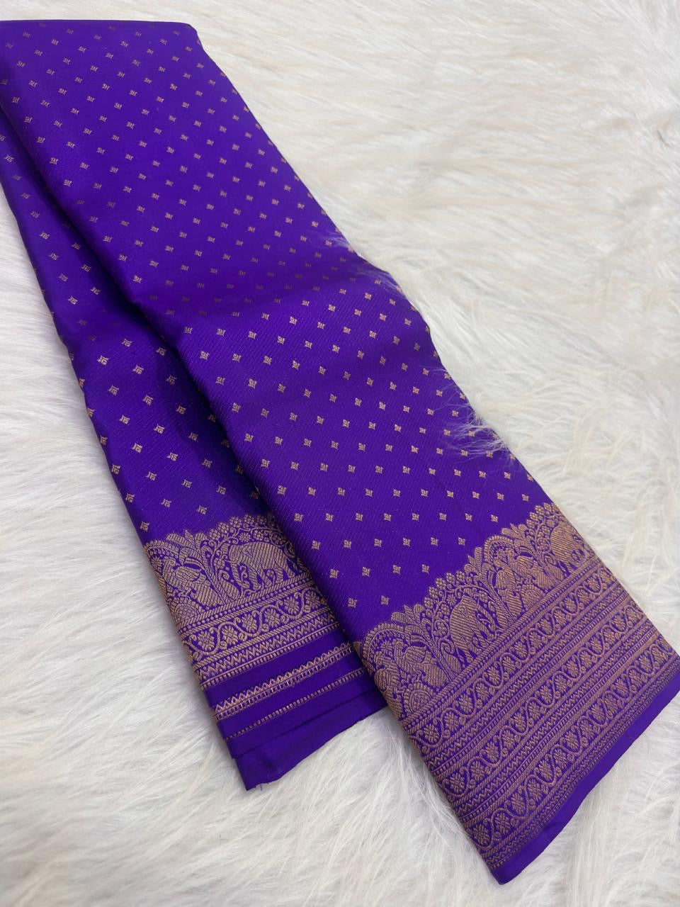 Royal Violet Kanjivaram silk saree, gold zari butta motif close-up — Idam Living