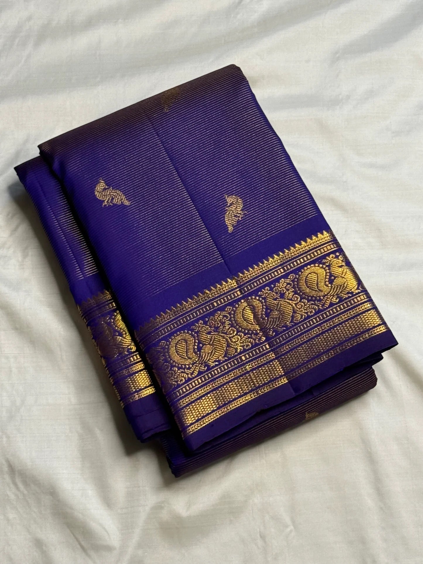 Royal Violet Handwoven Pure Silk Kanchipuram Vairaoosi Saree with Bird Zari Buttas and Antique Gold Border
