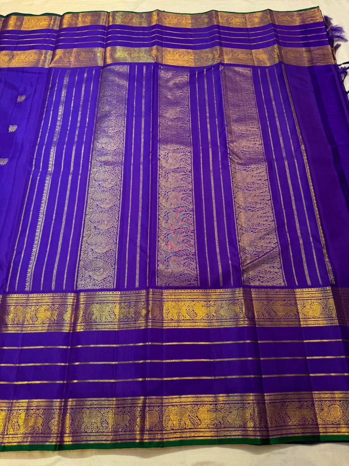 Varisaipet border with vanasringaram gold zari panels on royal violet Kanchipuram saree — Idam Living