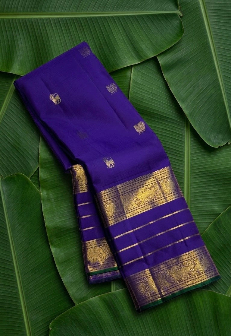 Royal violet handwoven Kanchipuram pure silk saree with yazhi butta in gold zari and varisaipet border — Idam Living