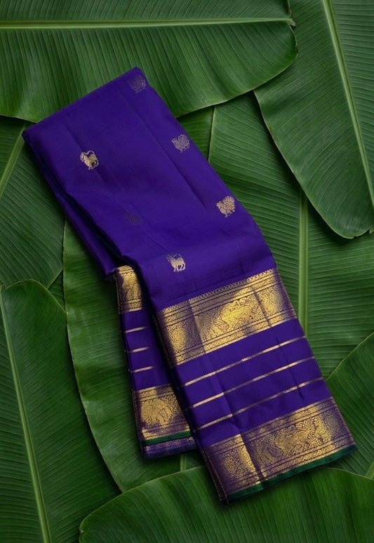 Royal violet handwoven Kanchipuram pure silk saree with yazhi butta in gold zari and varisaipet border — Idam Living