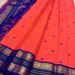 Royal violet korvai border detail on coral sunset orange pure Kanchipuram silk saree