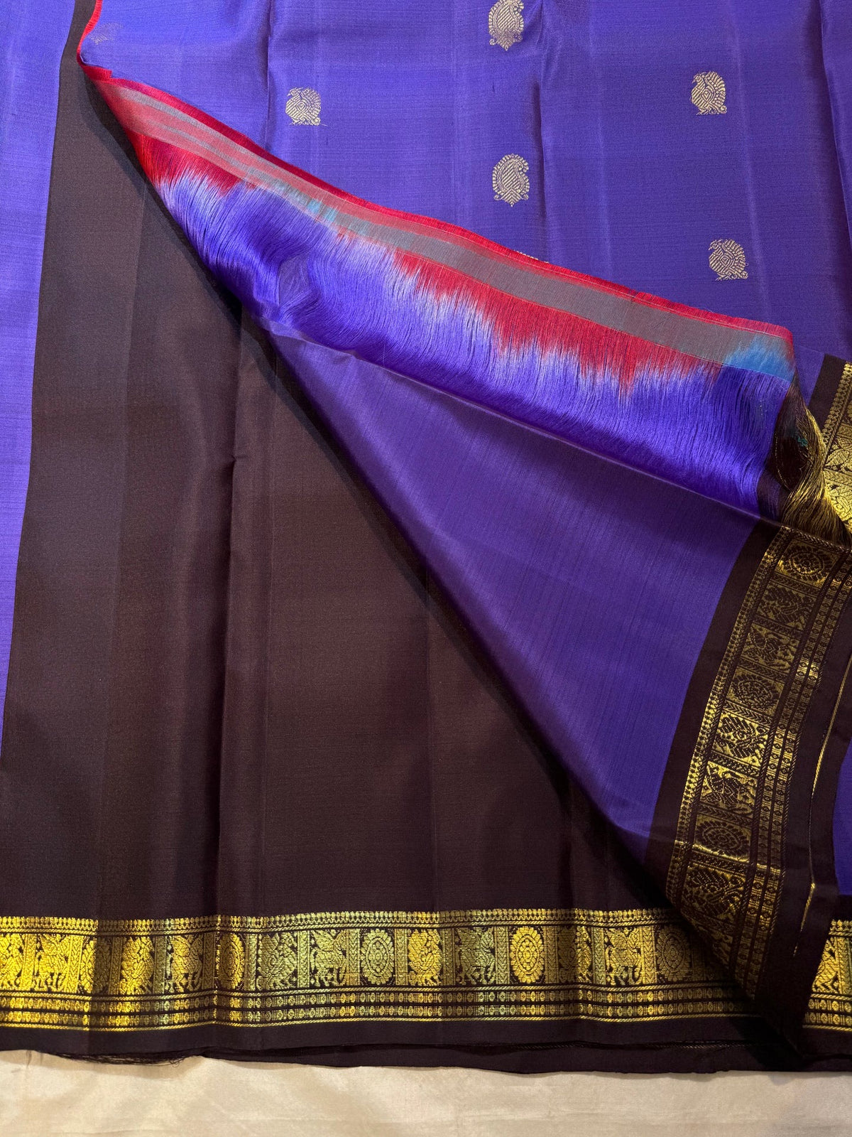 Royal Violet pure silk Kanjivaram Korvai saree with Deep Brown contrast border.