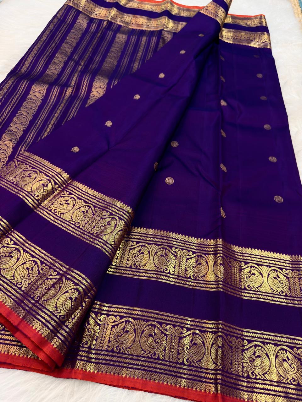 Deep Royal Violet Handwoven Pure Silk Kanchipuram Saree with Rettapet Mayil Zari Border and Orange-Red Selvedge