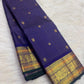 Royal Indigo Violet Handwoven Pure Silk Kanchipuram Vairaoosi Saree with Gold Zari Buttas and Traditional Zari Border