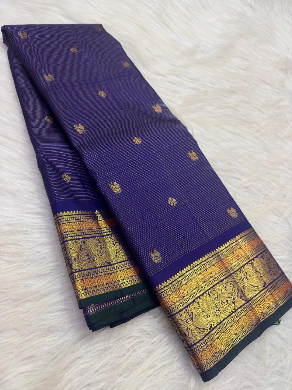 Royal Indigo Violet Handwoven Pure Silk Kanchipuram Vairaoosi Saree with Gold Zari Buttas and Traditional Zari Border