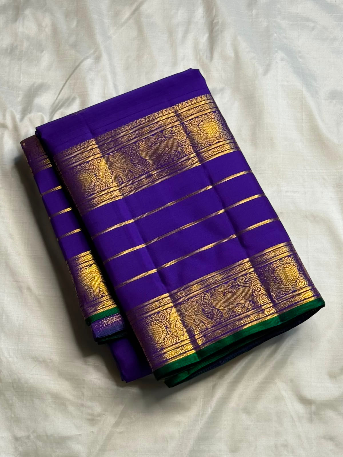 Rich gold zari pallu on royal violet handwoven Kanchipuram pure silk saree — Idam Living