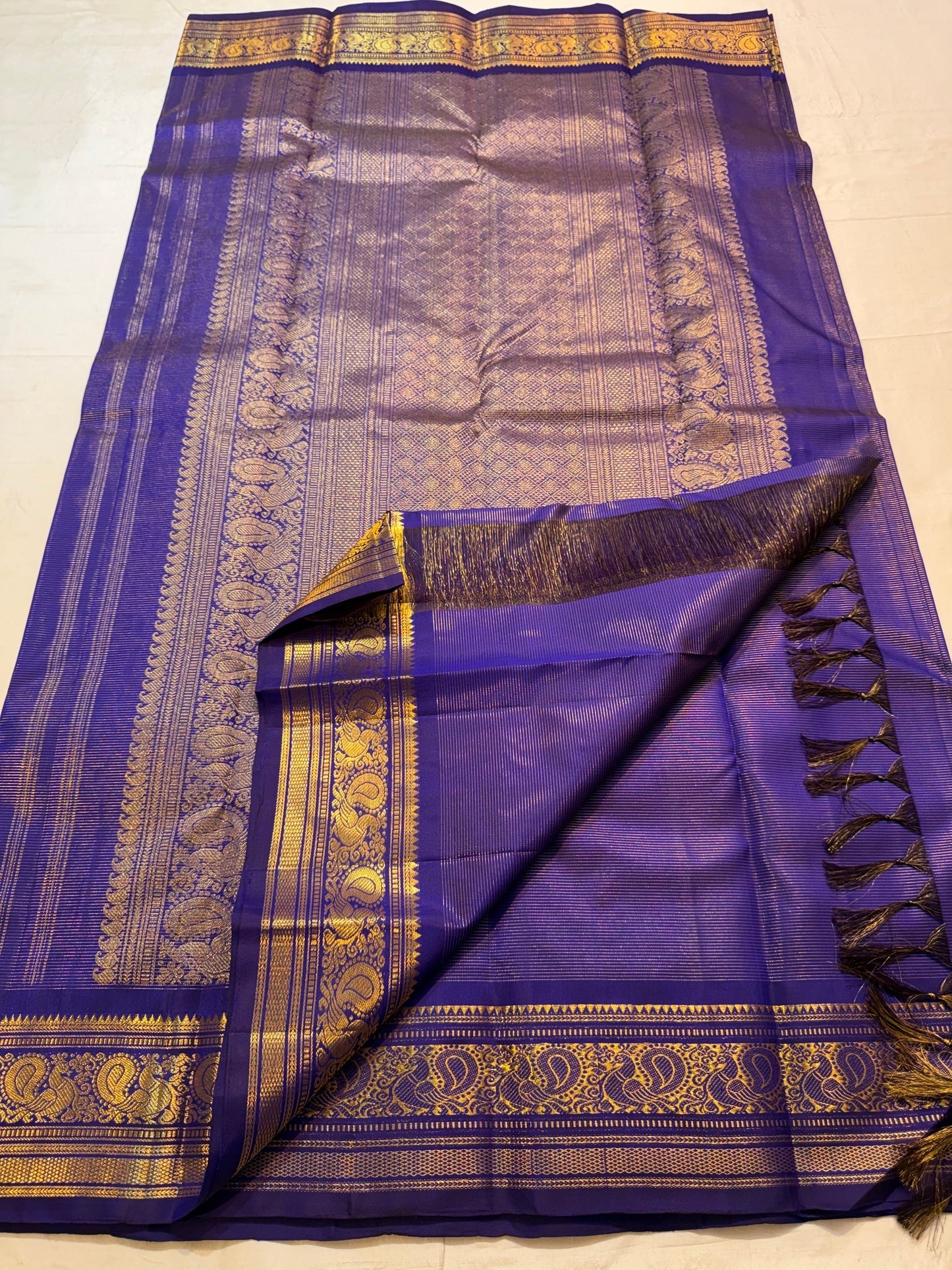 Royal Violet Handwoven Pure Silk Kanchipuram Vairaoosi Saree with Bird Zari Buttas and Antique Gold Border