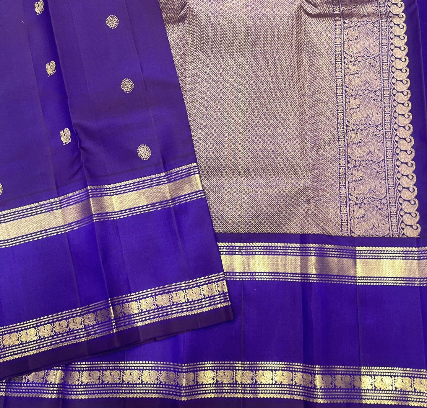 Royal Violet Purple pure silk Kanjipuram Rettapet saree with gold zari buttas.