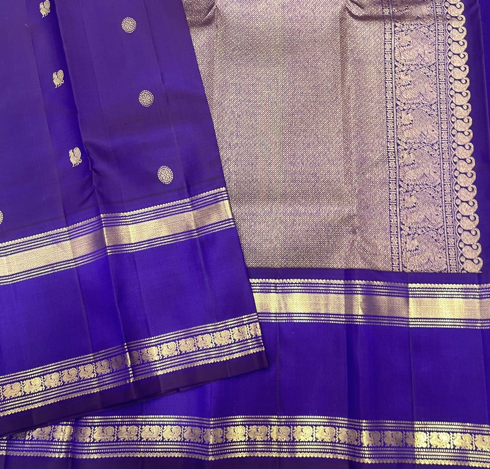 Royal Violet Purple pure silk Kanjipuram Rettapet saree with gold zari buttas.