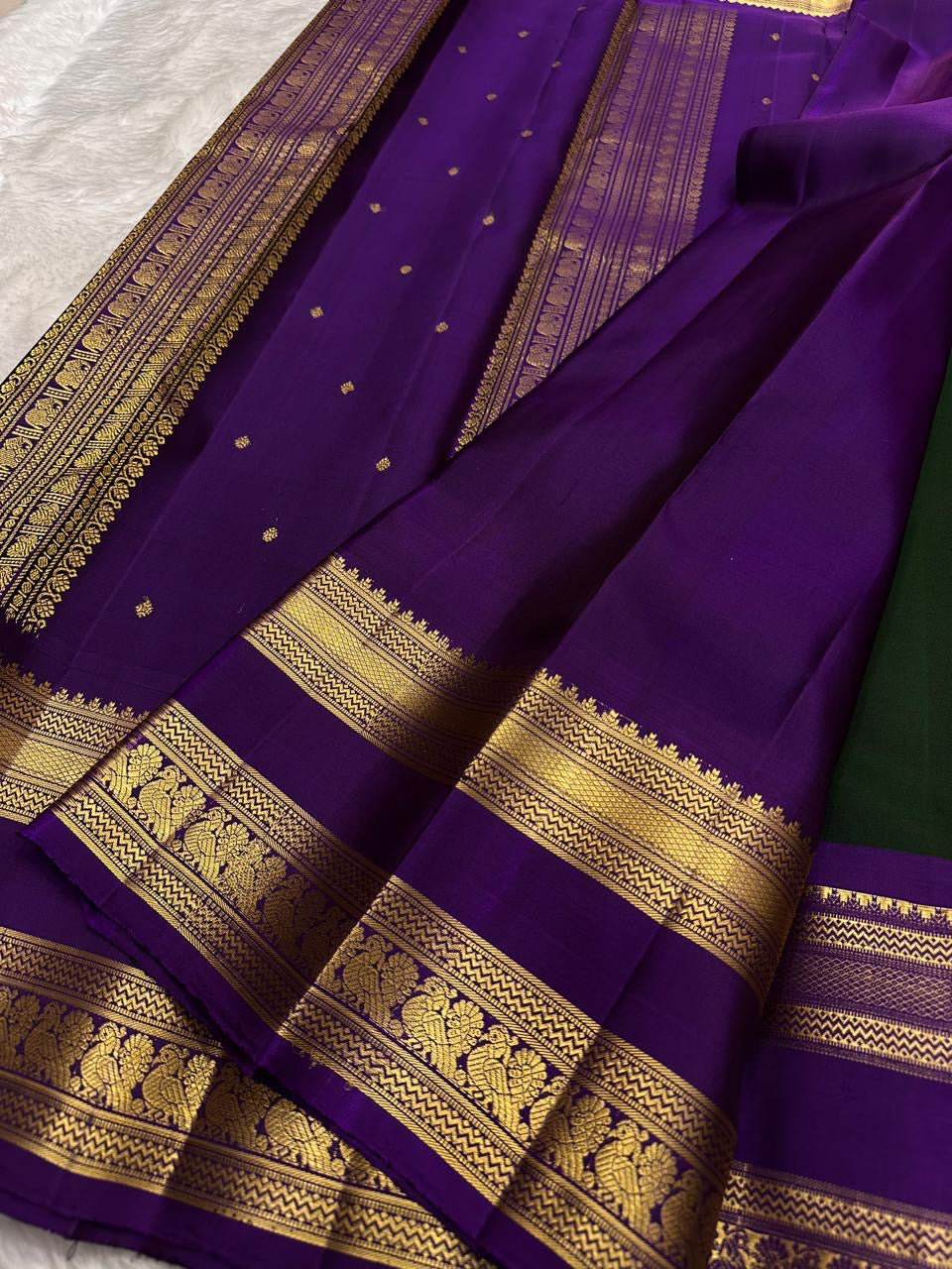 Kanchipuram Silk Saree • Rettapet Weave • Deep Forest Green with Royal Violet Border
