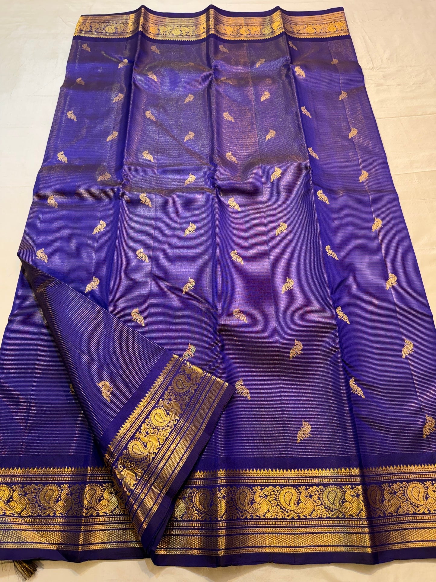 Royal Violet Handwoven Pure Silk Kanchipuram Vairaoosi Saree with Bird Zari Buttas and Antique Gold Border