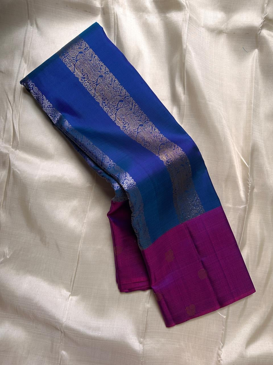 Full royal blue Kancheepuram saree folded view