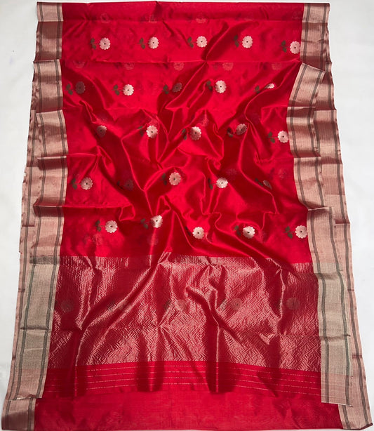 Ruby Red Pure Silk Chanderi Saree border close-up