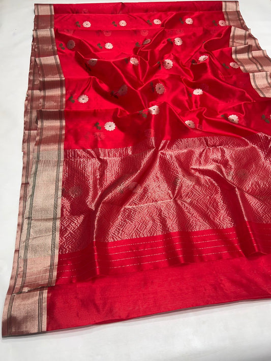 Ruby Red Pure Silk Chanderi Saree draped view with Gold Sunflower Butta Border