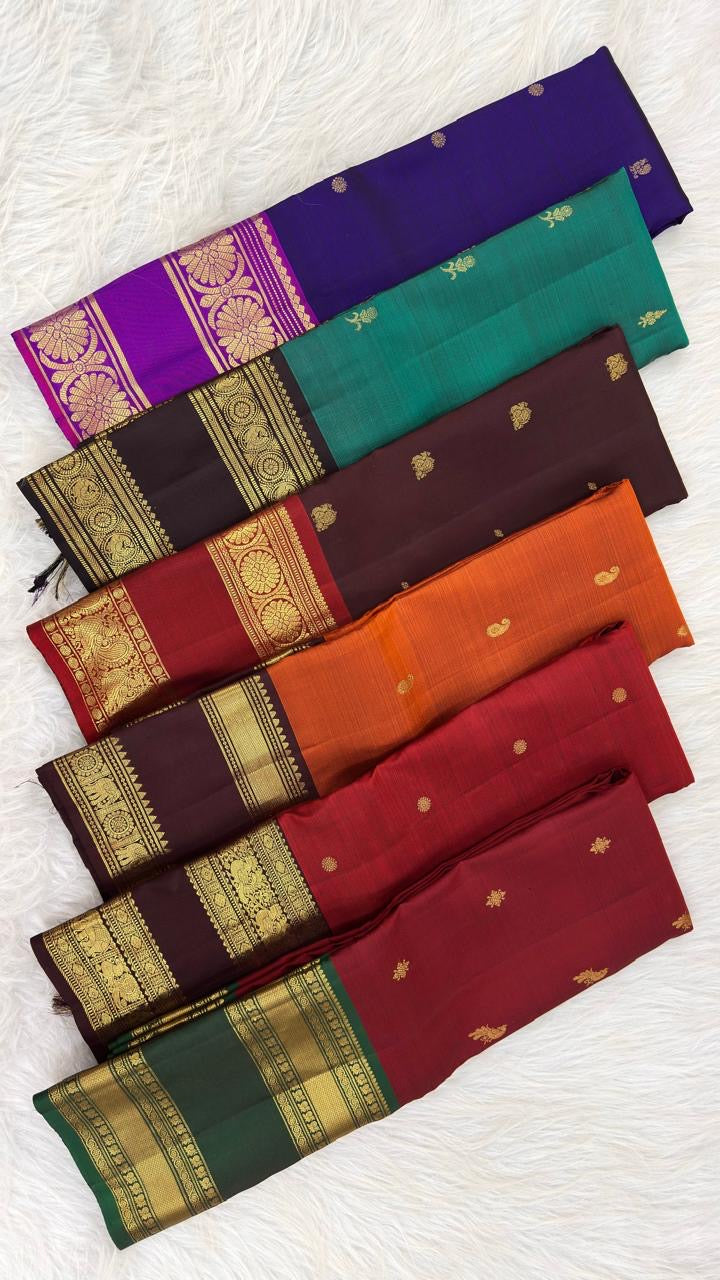 Ruby Crimson Handwoven Pure Silk Kanjivaram Rettapet Saree — full saree view — Idam Living