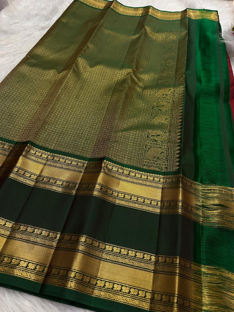 Ruby crimson pure silk body weave with gold zari floral butta, Kanjivaram saree