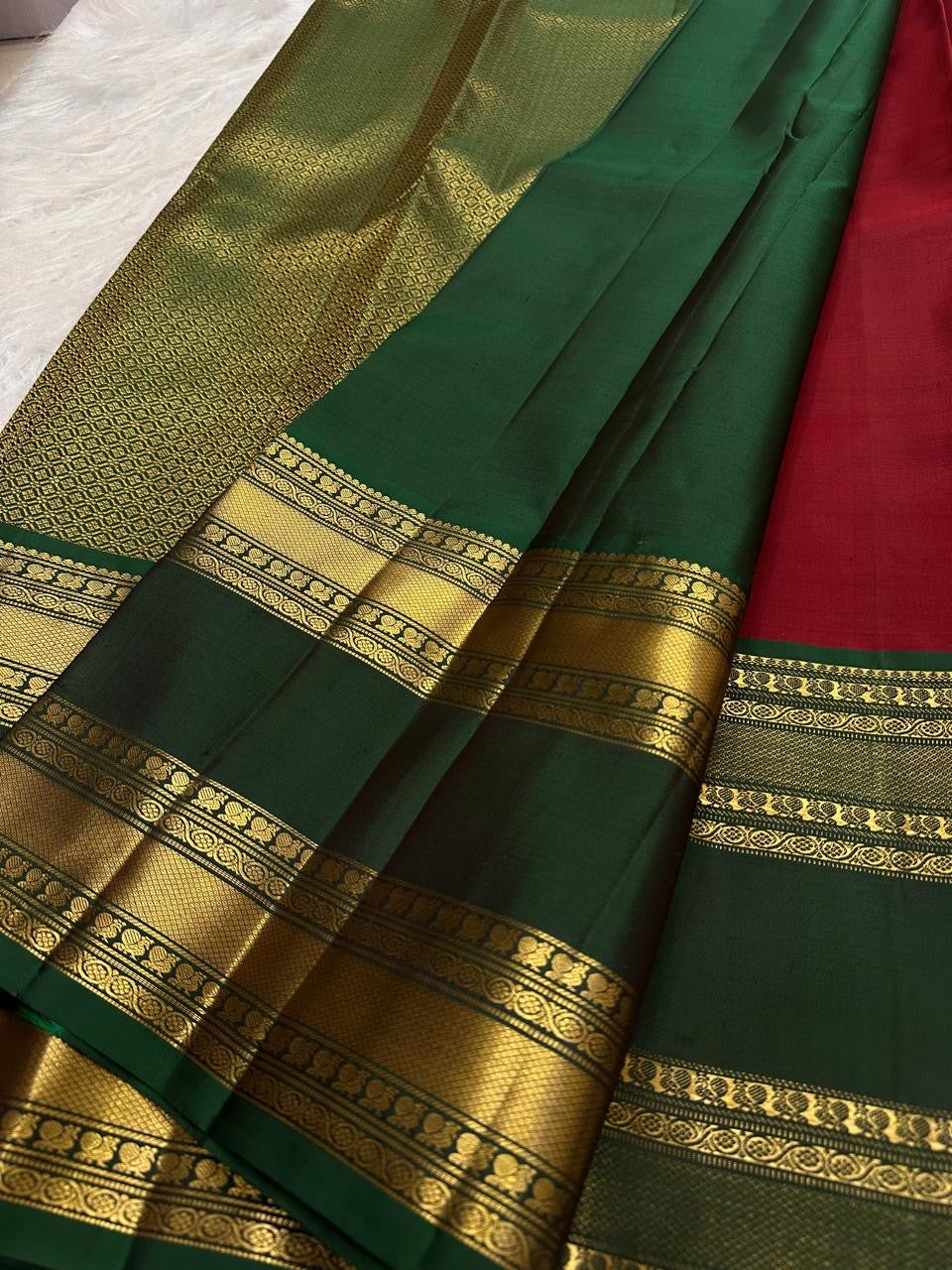 Ruby Crimson Kanjivaram Rettapet saree folded view