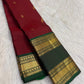 Forest green zari border detail close-up, Ruby Crimson Kanjivaram saree