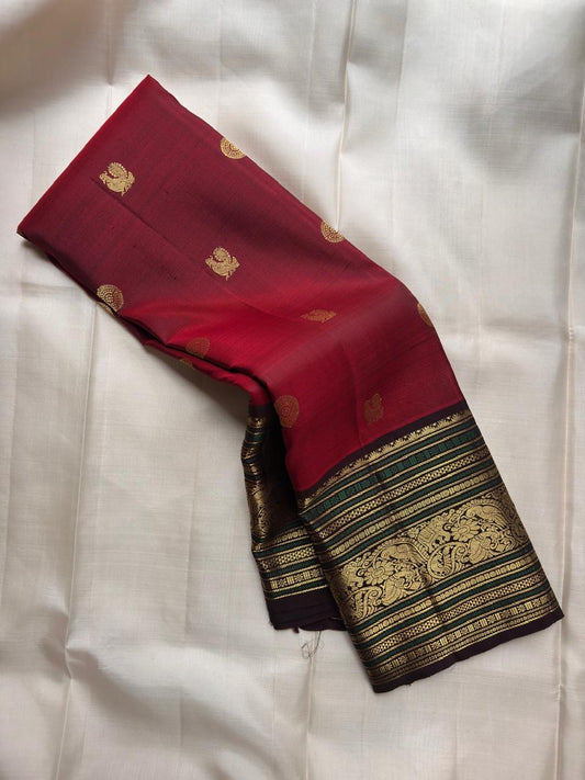 Ruby red handwoven pure silk Kanjeevaram saree overview with deep brown Korvai border
