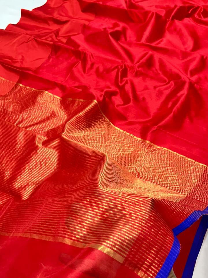 Handwoven pure silk Chanderi saree in jewel-toned ruby red with soft sheen