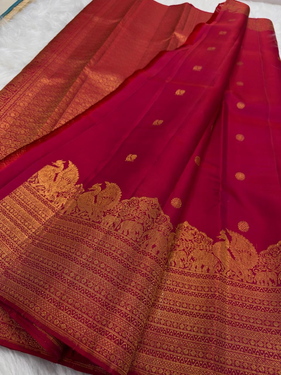 Ruby red Kanjipuram Butta silk saree — full saree overview