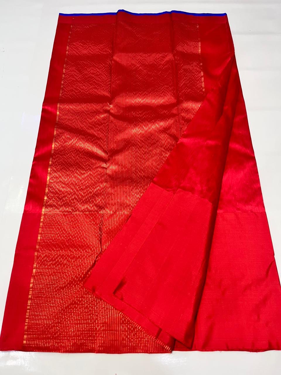 Traditional ruby red Chanderi silk saree with contrasting violet border
