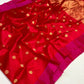 Ruby red Pattu Silk Chanderi handloom saree with rani pink borders and a copper-gold pallu.