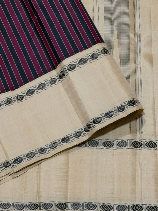 Border detail of the Maroon and Black Striped Premium Zariless Korvai Kanjivaram Saree with Off White Rettapet Rudraksham Borders.