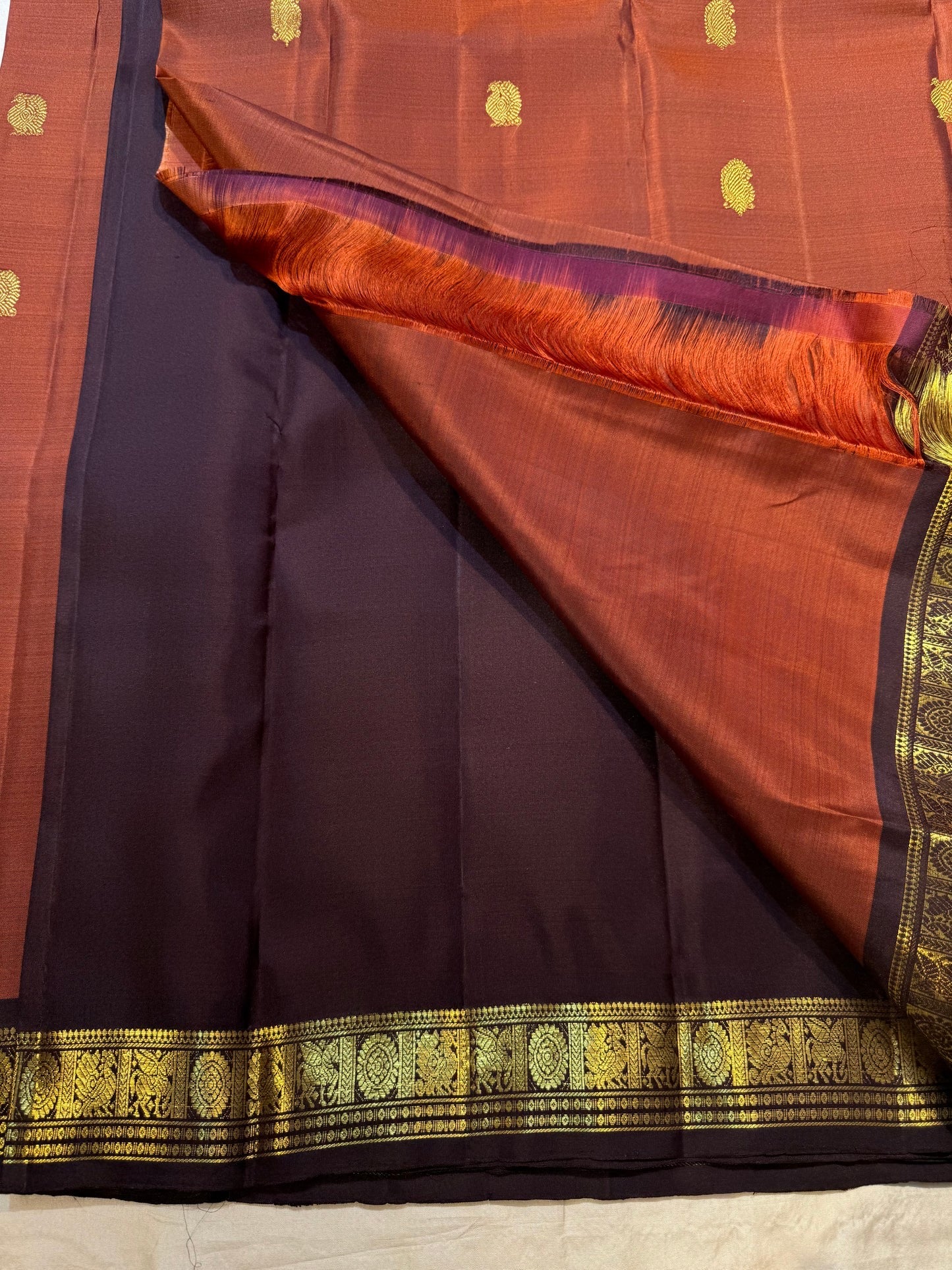 Handwoven Korvai saree with Deep Brown contrast border and antique-gold motif registers.